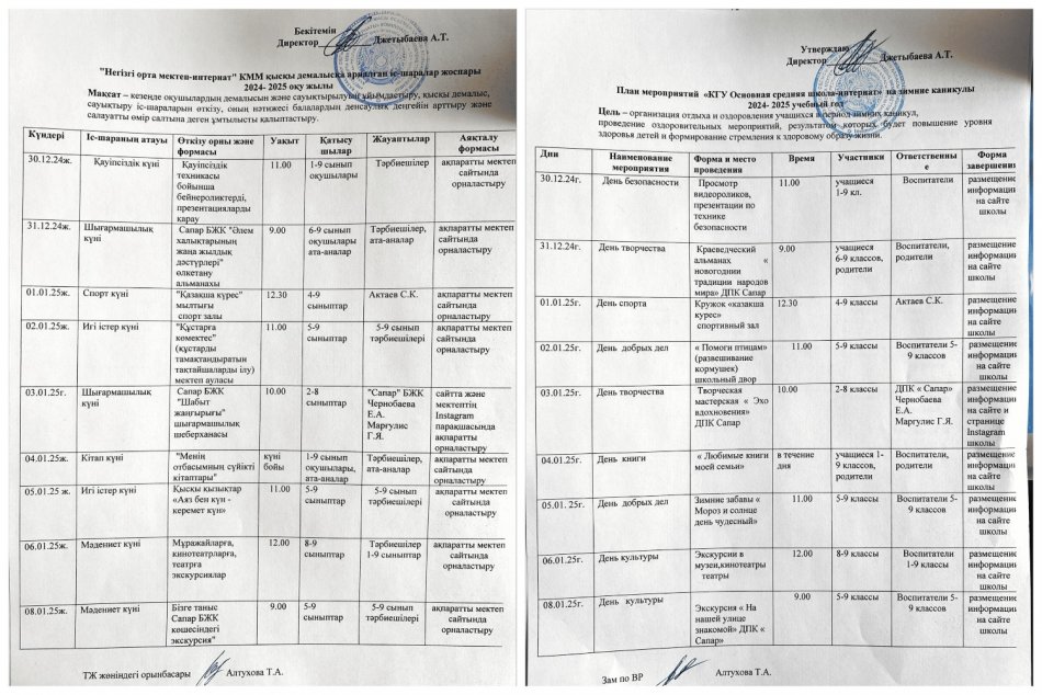 Шара жоспары қысқы каникул ОСШИ