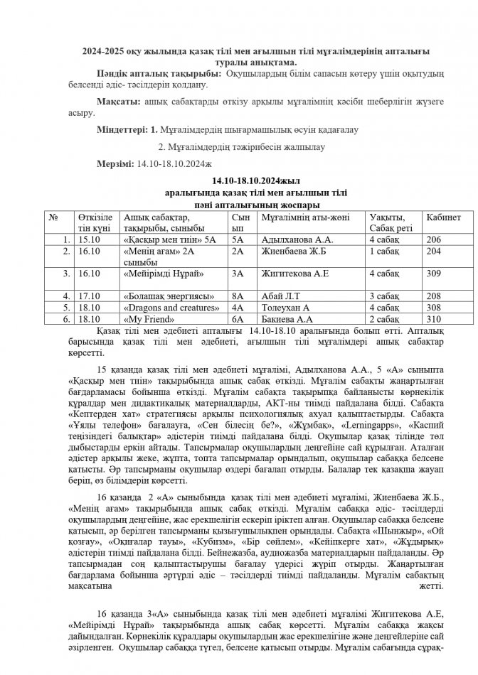Қазақ тілі мен ағылшын тілі мұғалімдерінің апталығы
