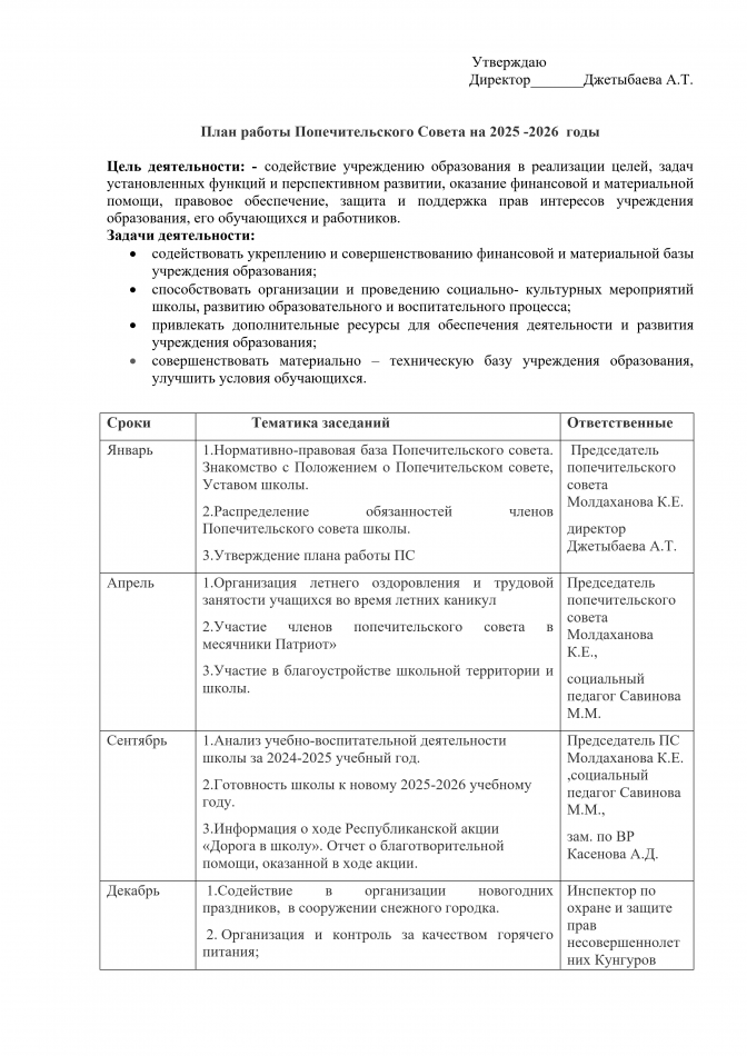 Қамқоршылық кеңестің 2025 - 2026 жылдарға арналған жұмыс жоспары